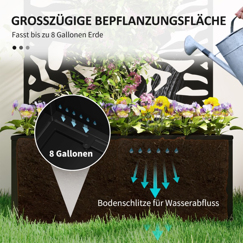 Viljelylaatikko näkösuojapaneelilla ja köynnöstuella, metalli, 61 x 23 x 113 cm, musta