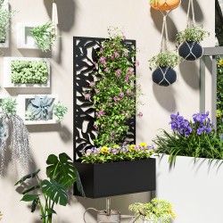 Viljelylaatikko näkösuojapaneelilla ja köynnöstuella, metalli, 61 x 23 x 113 cm, musta