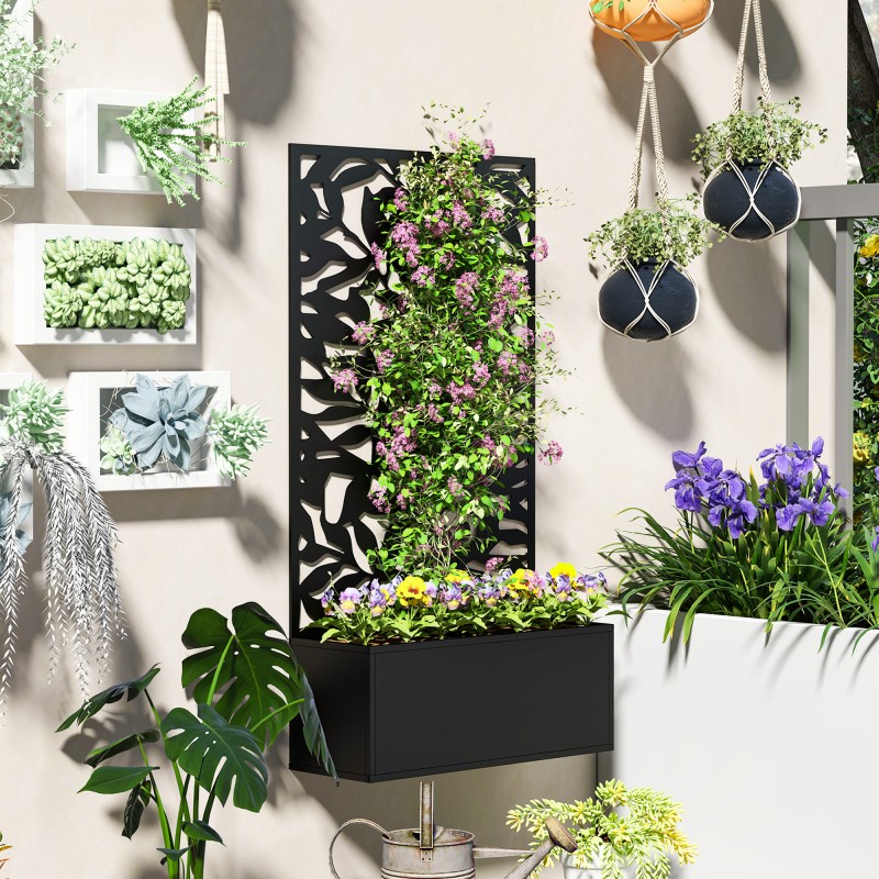 Viljelylaatikko näkösuojapaneelilla ja köynnöstuella, metalli, 61 x 23 x 113 cm, musta