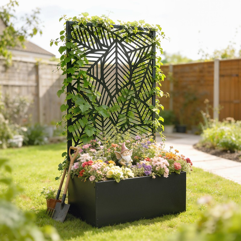 Metallinen korotettu viljelylaatikko köynnöstuellä, 60 x 30 x 113 cm, musta