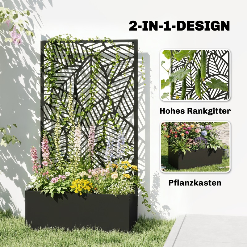 Metallinen korotettu viljelylaatikko köynnöstuellä, 60 x 30 x 113 cm, musta