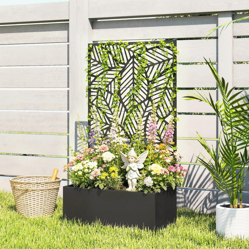 Metallinen korotettu viljelylaatikko köynnöstuellä, 60 x 30 x 113 cm, musta