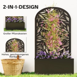 Metallinen korotettu istutuslaatikko köynnösritilällä, 61 x 23 x 113 cm, musta