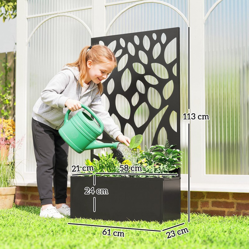 Metallinen istutuslaatikko köynnöstelineellä ja näkösuojalla, seinä- tai vapaasti seisova, 61 x 23 x 113 cm, musta