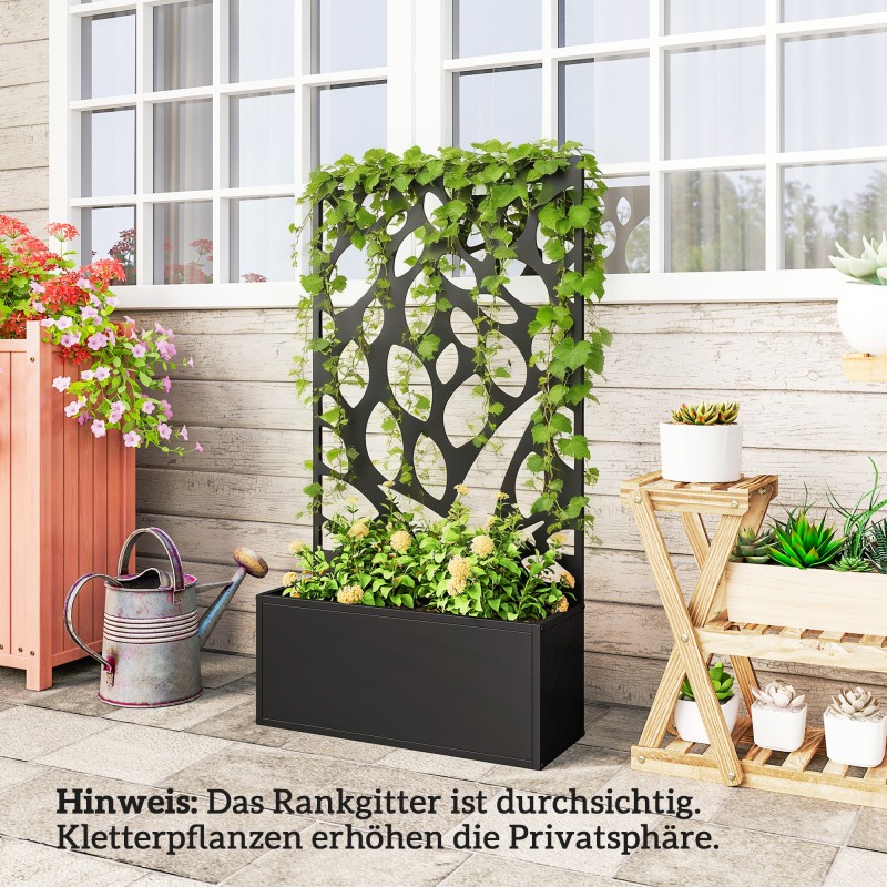 Metallinen istutuslaatikko köynnöstelineellä ja näkösuojalla, seinä- tai vapaasti seisova, 61 x 23 x 113 cm, musta