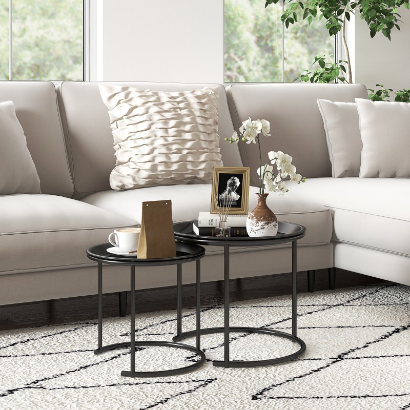 Metallinen sivupöytäsarja 2 kpl, tarjottimina käytettävät pöytätasot, musta