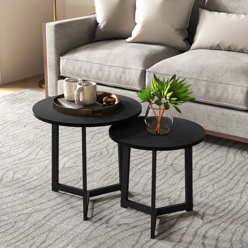 Sohvapöytäsarja 2 osaa, pyöreä, MDF ja metallirunko, Ø48/40 cm, musta