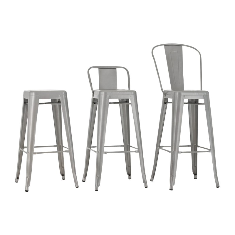 Klassinen metallinen baarijakkara korkealla selkänojalla ja jalkatuella