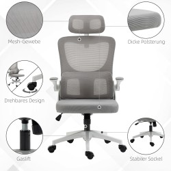Ergonominen toimistotuoli mesh-verkolla, säädettävä korkeus ja niskatuki, 60x59x114–122 cm, harmaa