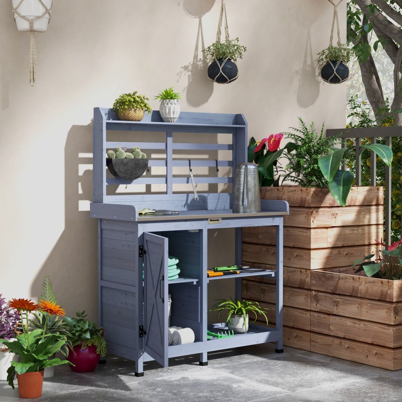 Puutarhatyöpöytä säilytyskaapilla, alumiininen työtaso, 112 x 47 x 146 cm, harmaa