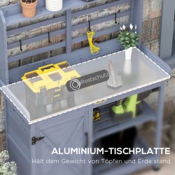 Puutarhatyöpöytä säilytyskaapilla, alumiininen työtaso, 112 x 47 x 146 cm, harmaa