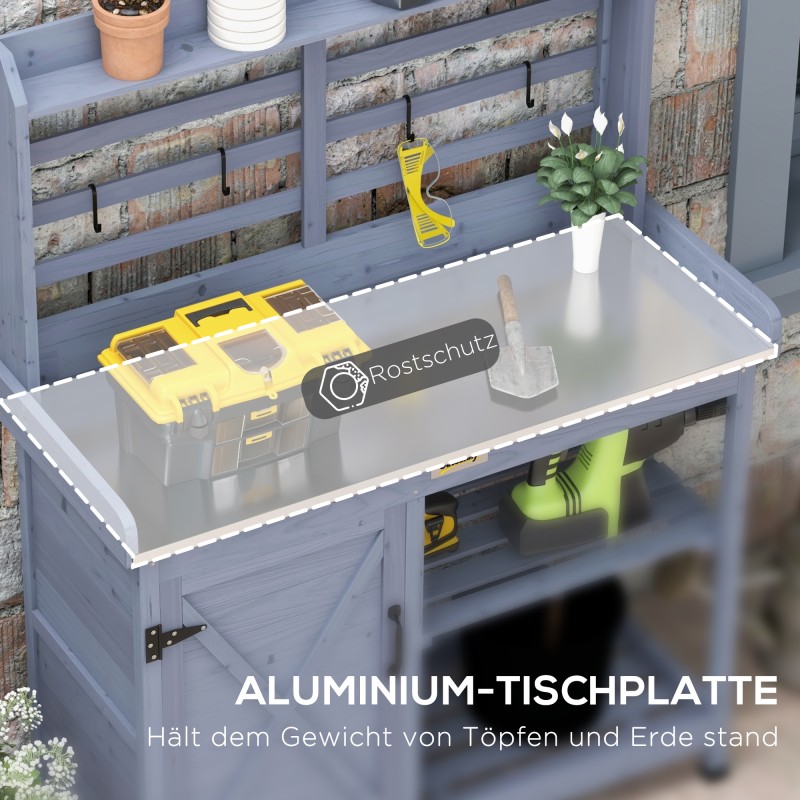 Puutarhatyöpöytä säilytyskaapilla, alumiininen työtaso, 112 x 47 x 146 cm, harmaa