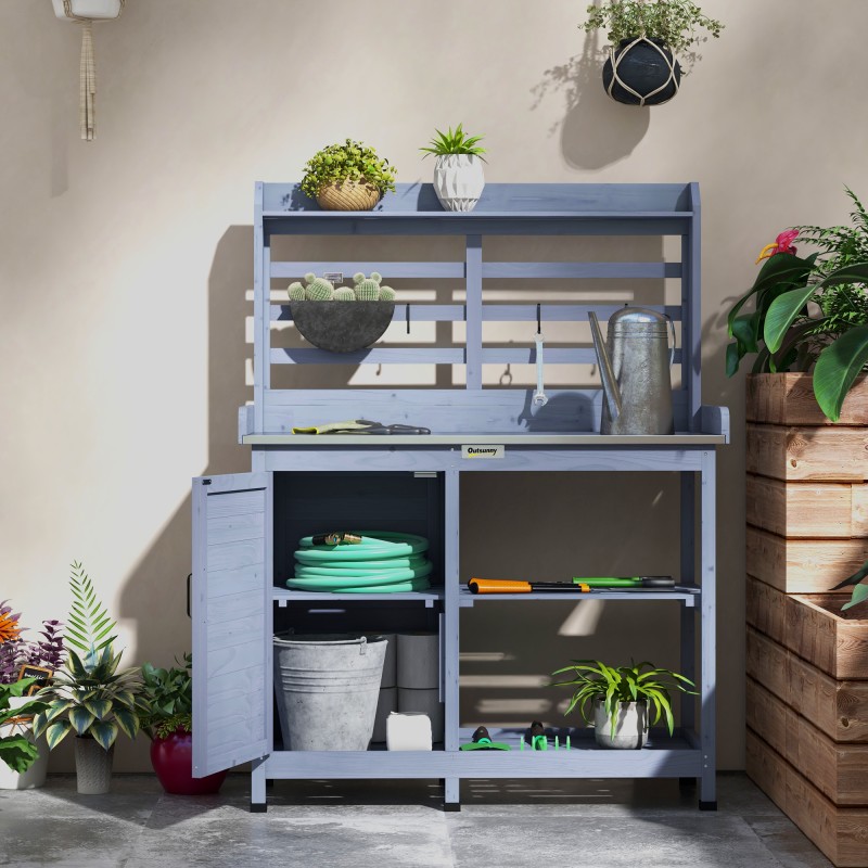 Puutarhatyöpöytä säilytyskaapilla, alumiininen työtaso, 112 x 47 x 146 cm, harmaa