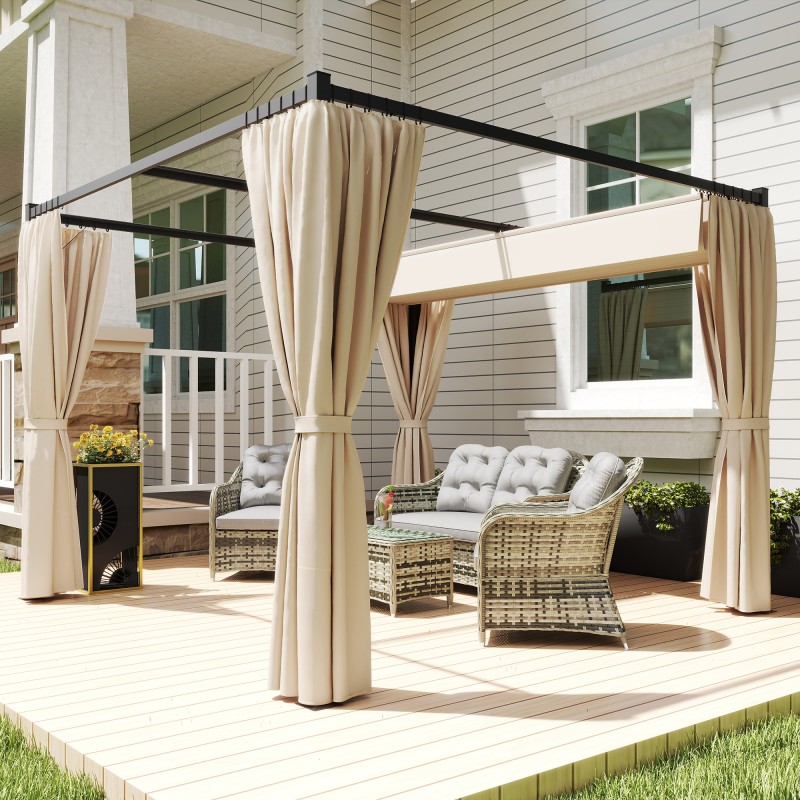 Pergola terassille vapaasti seisova metallirunko 3 x 3 m liukukatto ja 4 sivuverhoa beige