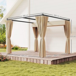 Pergola terassille vapaasti seisova metallirunko 3 x 3 m liukukatto ja 4 sivuverhoa beige