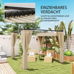 Pergola terassille vapaasti seisova metallirunko 3 x 3 m liukukatto ja 4 sivuverhoa beige