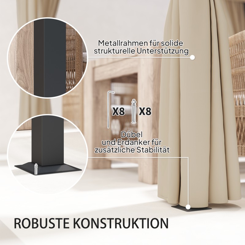 Pergola terassille vapaasti seisova metallirunko 3 x 3 m liukukatto ja 4 sivuverhoa beige