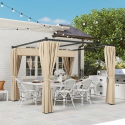 Pergola terassille vapaasti seisova metallirunko 3 x 3 m liukukatto ja 4 sivuverhoa beige