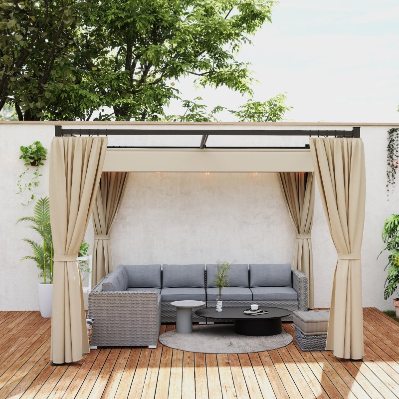 Pergola terassille vapaasti seisova metallirunko 3 x 3 m liukukatto ja 4 sivuverhoa beige
