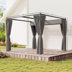 Pergola terassille 3 x 3 m, vapaasti seisova, liukuva katos ja 4 sivuseinää, metalli, vaaleanharmaa