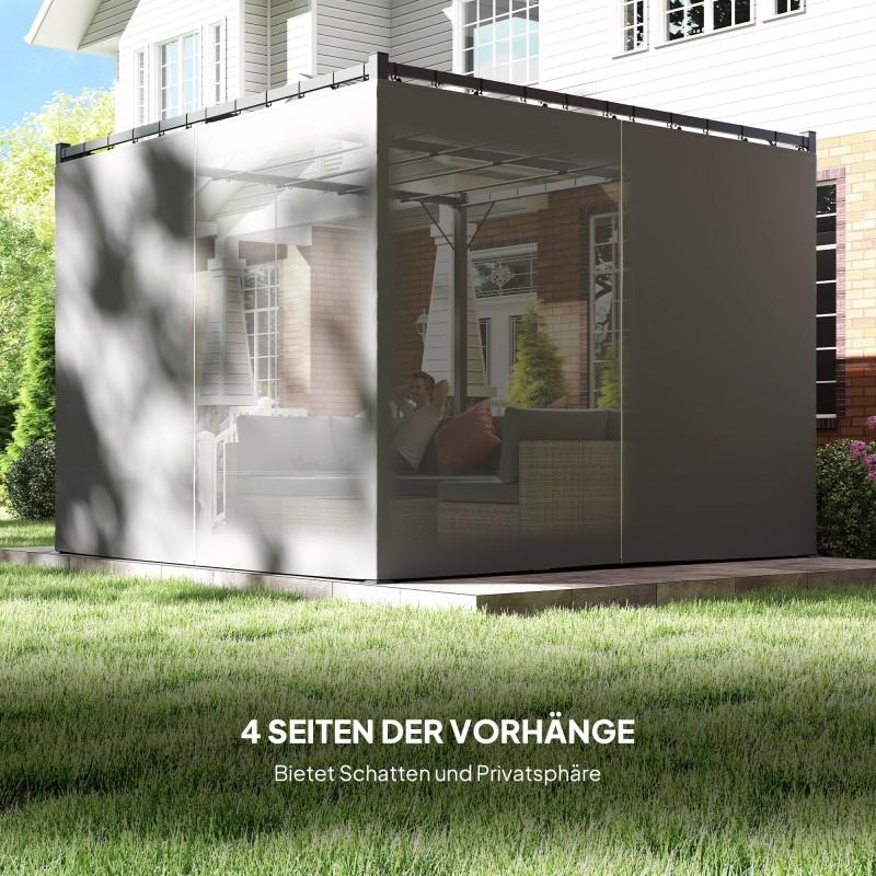 Pergola terassille 3 x 3 m, vapaasti seisova, liukuva katos ja 4 sivuseinää, metalli, vaaleanharmaa