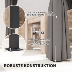 Pergola terassille 3 x 3 m, vapaasti seisova, liukuva katos ja 4 sivuseinää, metalli, vaaleanharmaa