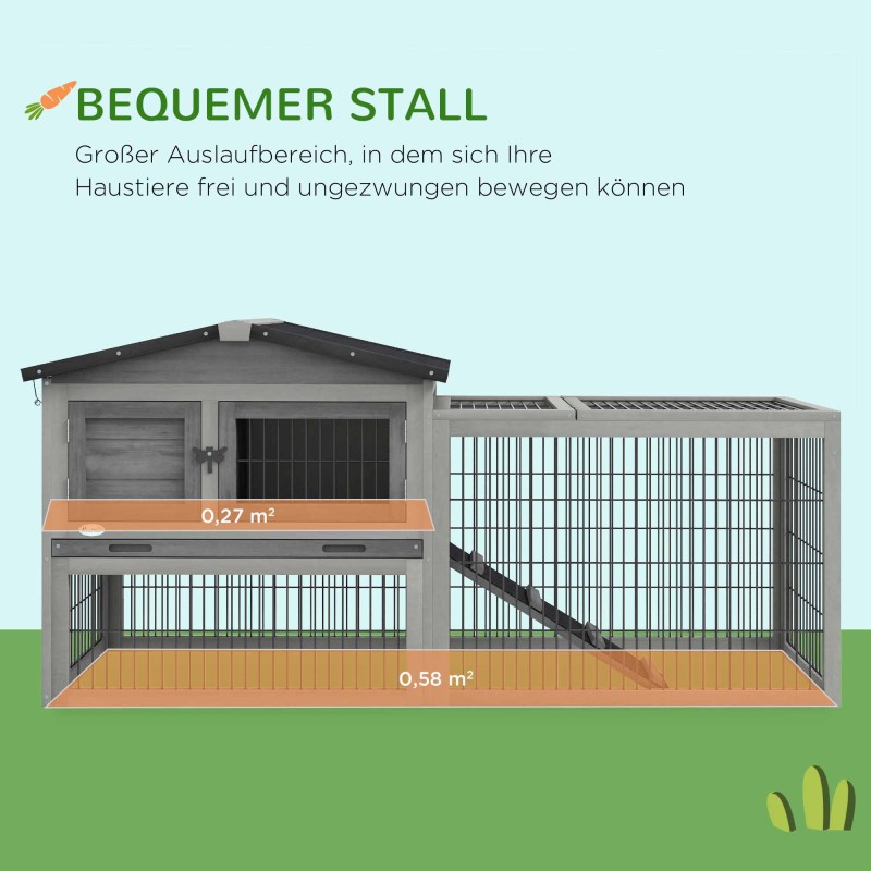 Pieneläinhäkki ulkokäyttöön marsuille ja kaneille, puuta, 150 x 52 x 68 cm, harmaa