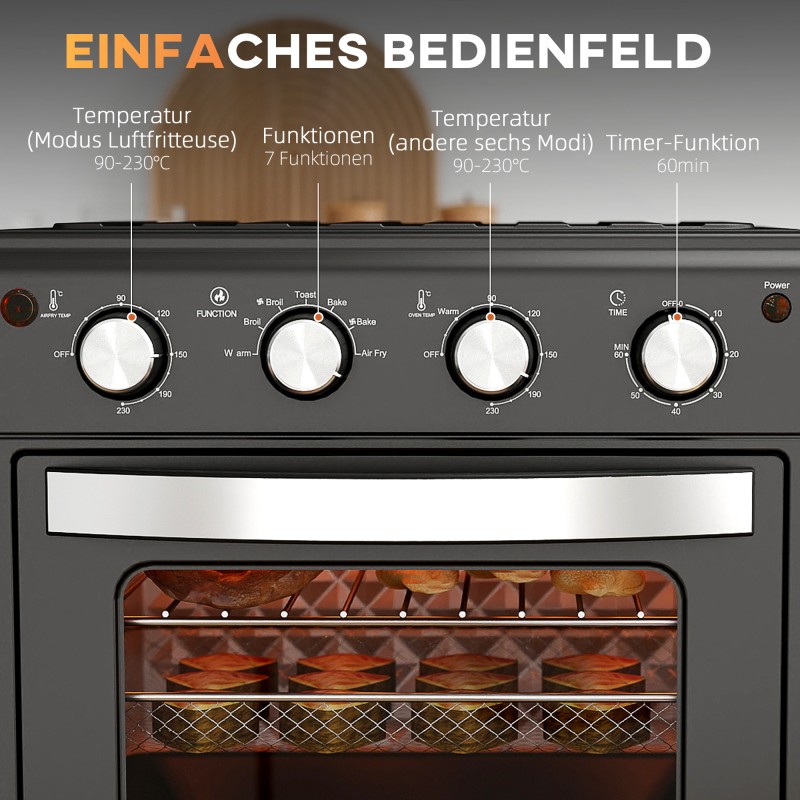 Minibackofen kiertoilma-airfryer uuni 30 l, 7 ohjelmaa, 90–230 °C, musta