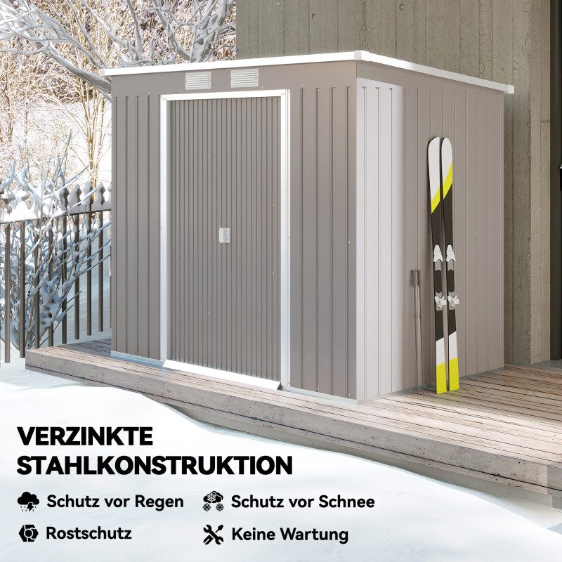 Pihavarasto sinkitty teräs 213 x 130 x 172 cm liukuovet ja tuuletusaukot vaaleanharmaa