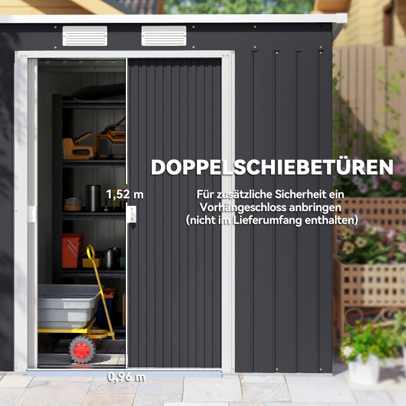 Pihavarasto ulkokäyttöön, sinkitty teräs, liukuovet ja tuuletusaukot, 213 x 130 x 172 cm, tummanharmaa