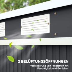 Pihavarasto ulkokäyttöön, sinkitty teräs, liukuovet ja tuuletusaukot, 213 x 130 x 172 cm, tummanharmaa