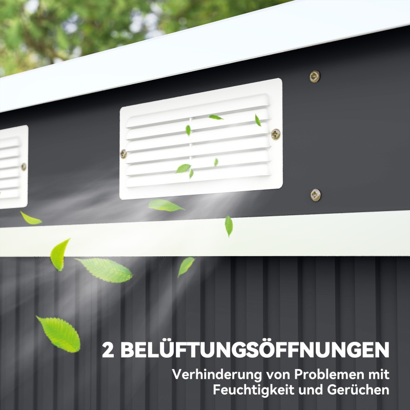 Pihavarasto ulkokäyttöön, sinkitty teräs, liukuovet ja tuuletusaukot, 213 x 130 x 172 cm, tummanharmaa