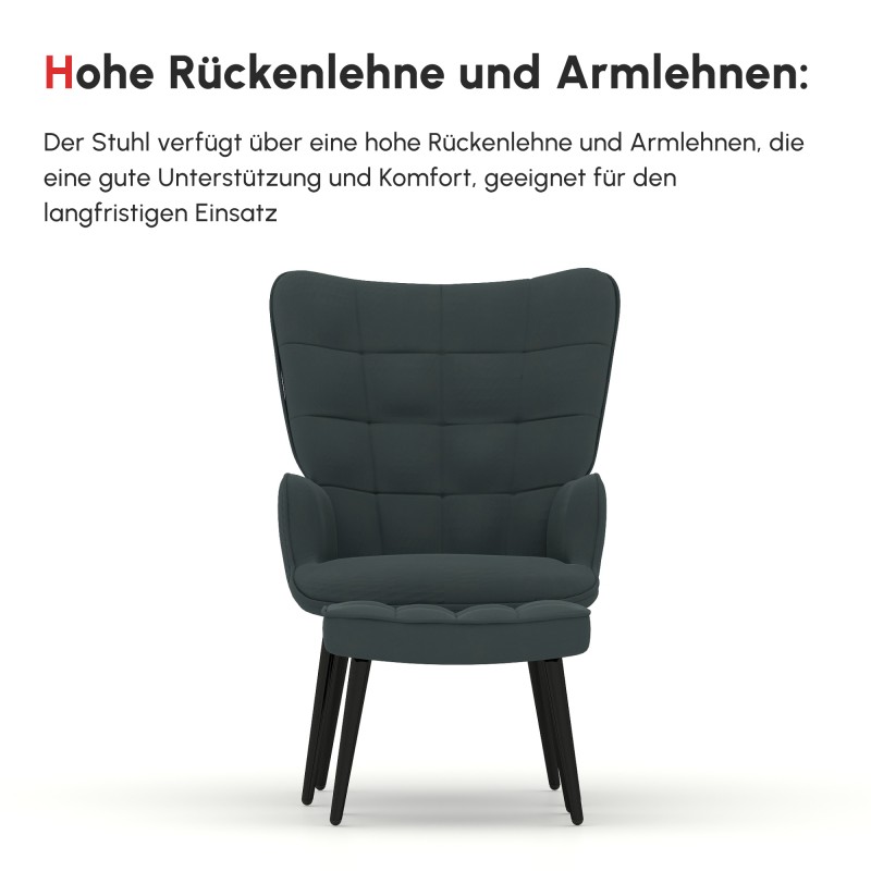 Nojatuoli ja rahituki 2 osaa, samettiverhoilu, metalli­jalat, tummanharmaa