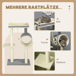 Kissan raapimis- ja kiipeilypuu, 1 pesäkolo, 2 tasoa, 60 x 40 x 104 cm, harmaa/beige/kerma