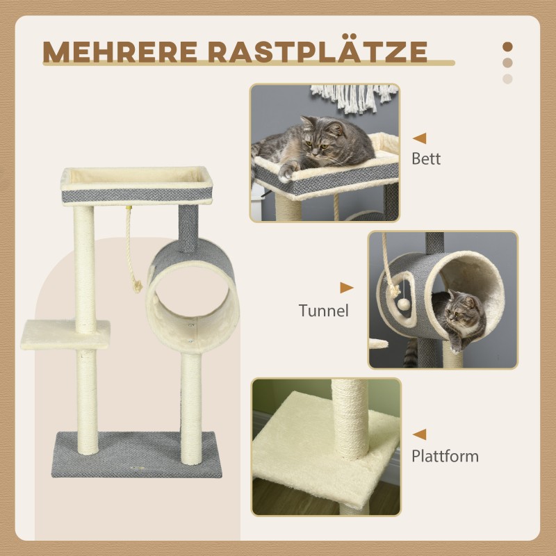 Kissan raapimis- ja kiipeilypuu, 1 pesäkolo, 2 tasoa, 60 x 40 x 104 cm, harmaa/beige/kerma