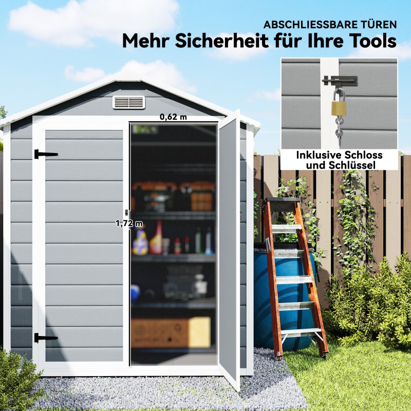 Metallinen puutarhavaja lukittavalla kaksoisovella ja ikkunalla 183 x 134 x 210 cm harmaa