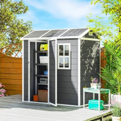 Pihavarasto muovia integroidulla lattialla ja ikkunalla 186 x 130 x 199 cm harmaa