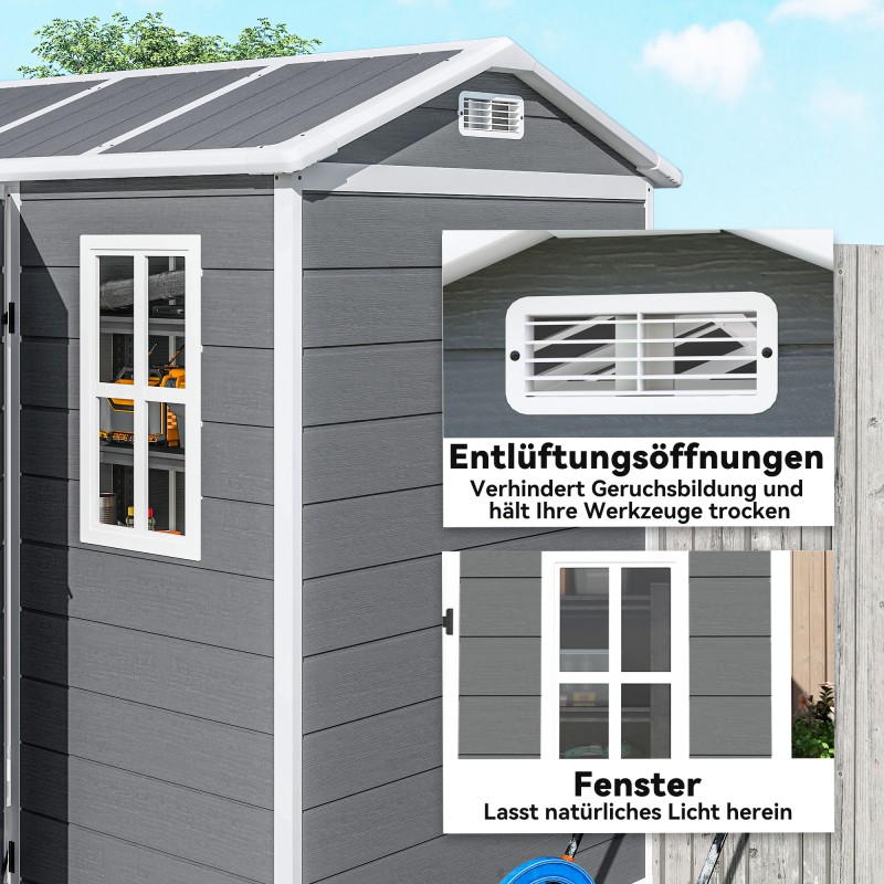 Pihavarasto muovia integroidulla lattialla ja ikkunalla 186 x 130 x 199 cm harmaa