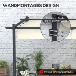 Terassikatos seinäkiinnitteinen metallirunko 3 x 3 m sisäänvedettävä kattokangas cremevalkoinen