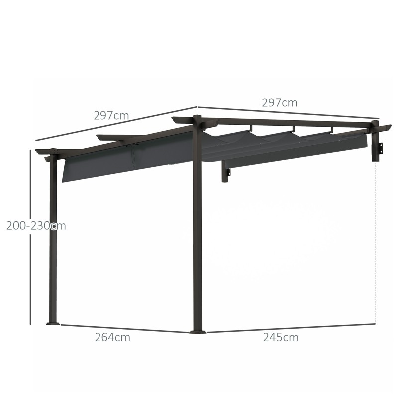Seinään kiinnitettävä pergola terassille 3 x 3 m, teräs/alumiini, säädettävä katto, tummanharmaa