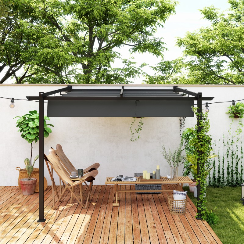 Seinään kiinnitettävä pergola terassille 3 x 3 m, teräs/alumiini, säädettävä katto, tummanharmaa