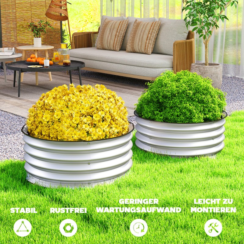 Korotettu viljelylaatikko terassille, kuumasinkitty metalli, Ø60 x 30 cm, 2 kpl, hopea