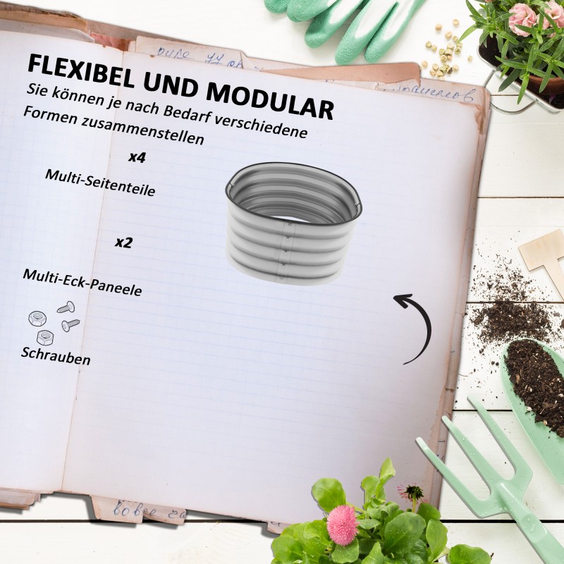 Korotettu viljelylaatikko puutarhaan, modulaarinen metallinen avopohja 105 x 62 x 30 cm, hopea