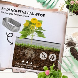 Korotettu viljelylaatikko puutarhaan, modulaarinen metallinen avopohja 105 x 62 x 30 cm, hopea