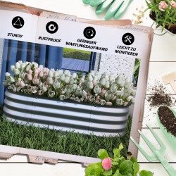 Korotettu viljelylaatikko puutarhaan, modulaarinen metallinen avopohja 105 x 62 x 30 cm, hopea