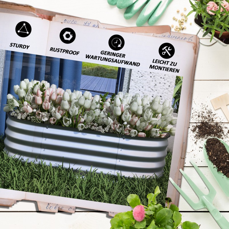 Korotettu viljelylaatikko puutarhaan, modulaarinen metallinen avopohja 105 x 62 x 30 cm, hopea