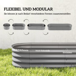 Korkea istutuslaatikko / kasvilava, pohjaton, kuumasinkitty metalli, 195 x 62 x 30 cm, hopea