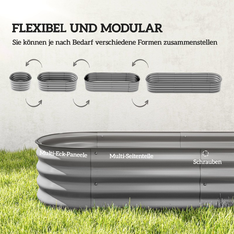 Korkea istutuslaatikko / kasvilava, pohjaton, kuumasinkitty metalli, 195 x 62 x 30 cm, hopea