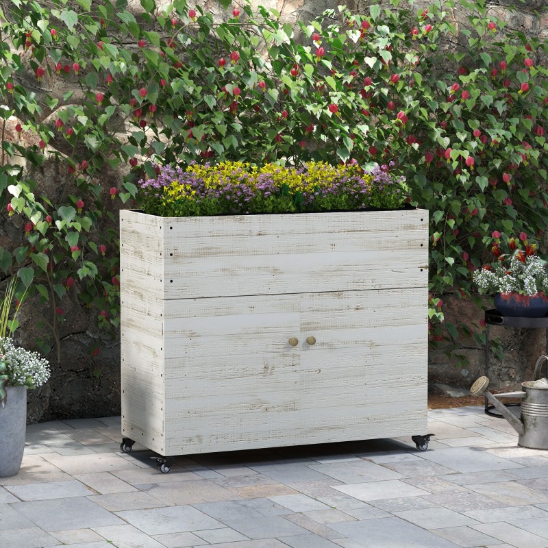 Viljelylaatikko kaapilla ja pyörillä, kuusipuu, 110x50x95 cm, 131 l, valkoinen käytetty look