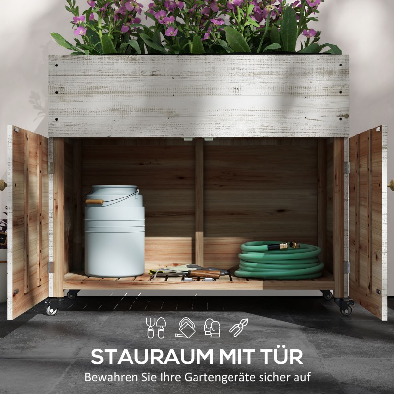 Viljelylaatikko kaapilla ja pyörillä, kuusipuu, 110x50x95 cm, 131 l, valkoinen käytetty look